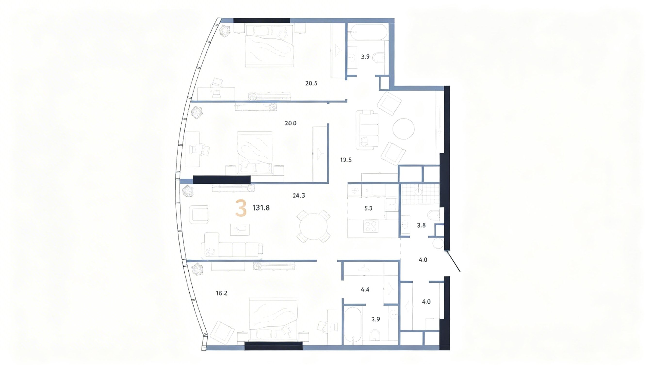 3-комнатная квартира 131,8 м2 на 63 этаже в AURUS Residences, вид 1