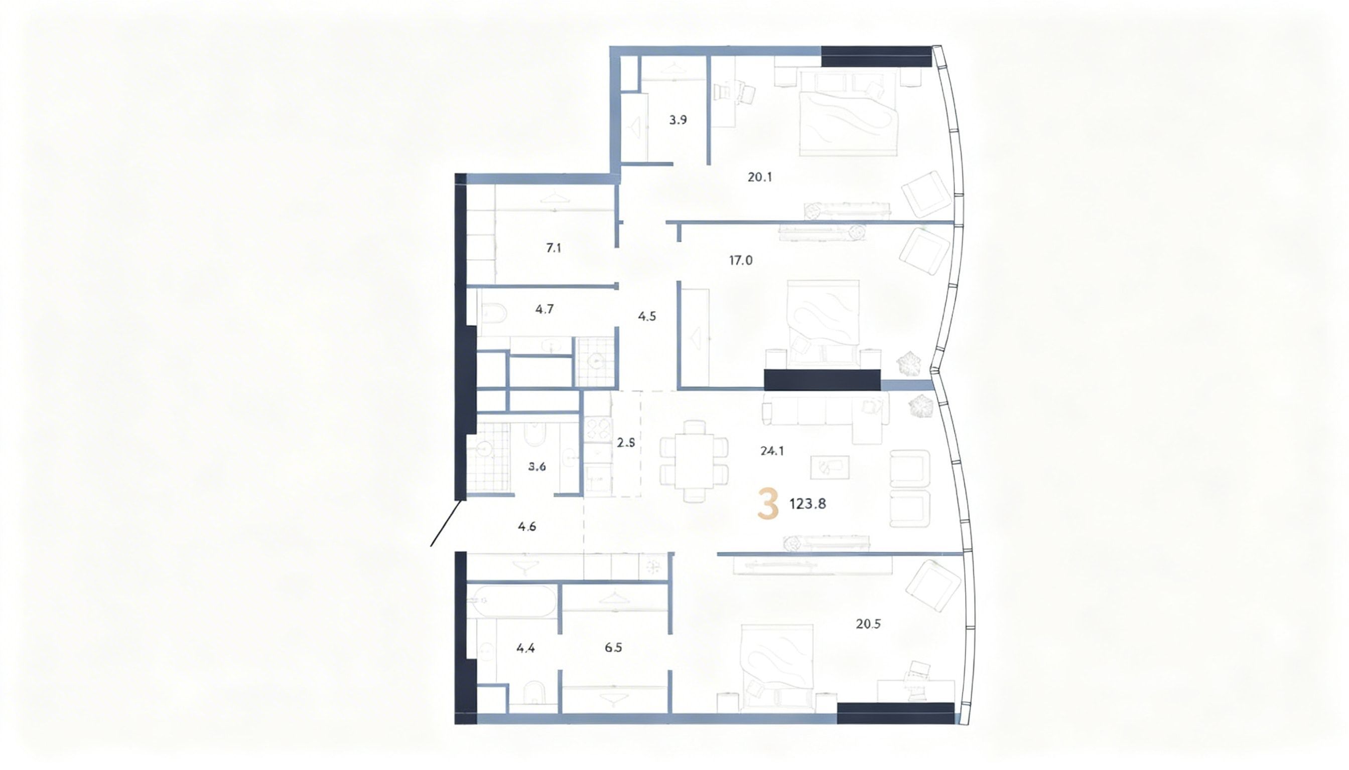 3-комнатная квартира 123,8 м2 на 63 этаже в AURUS Residences, вид 1