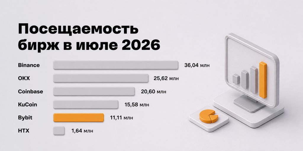 Посещаемость криптобирж Binance, OKX, Coinbase, KuCoin, Bybit и HTX в июле 2026 года