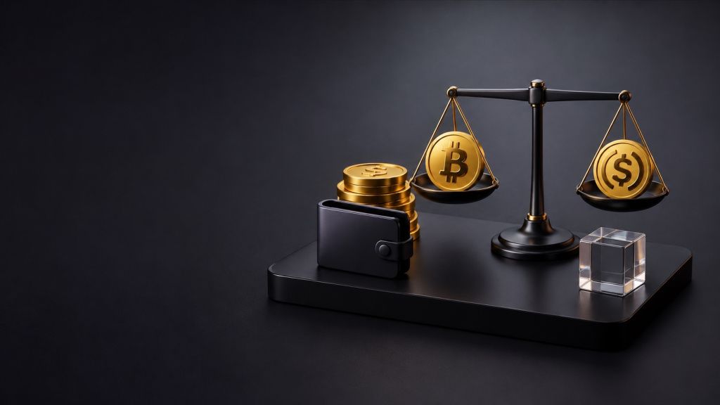 Весы с монетами BTC и USDT рядом с резервом на тёмном фоне