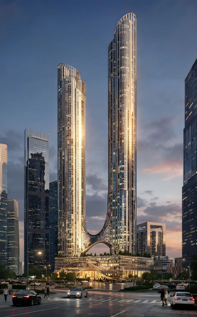 Башни AURUS Residences в деловом районе Москва-Сити в вечернее время