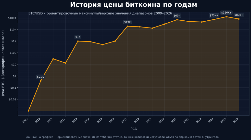 График изменения цены BTC по годам