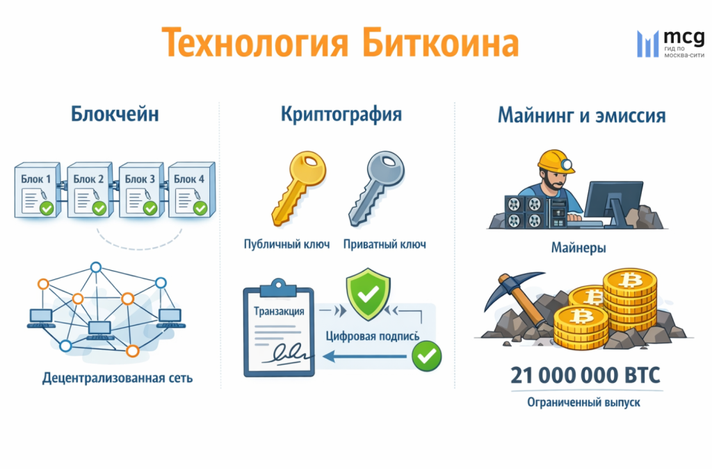 Технология работы биткоина: блокчейн, криптография и выпуск новых монет