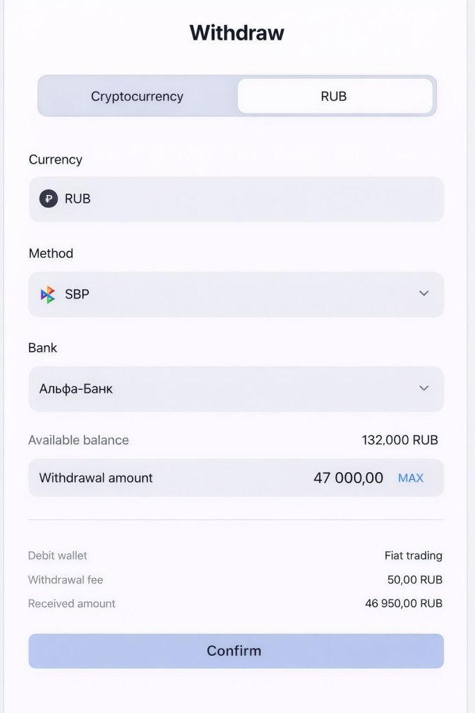 вывод RUB из Maze Broker через СБП с комиссией и итоговой суммой