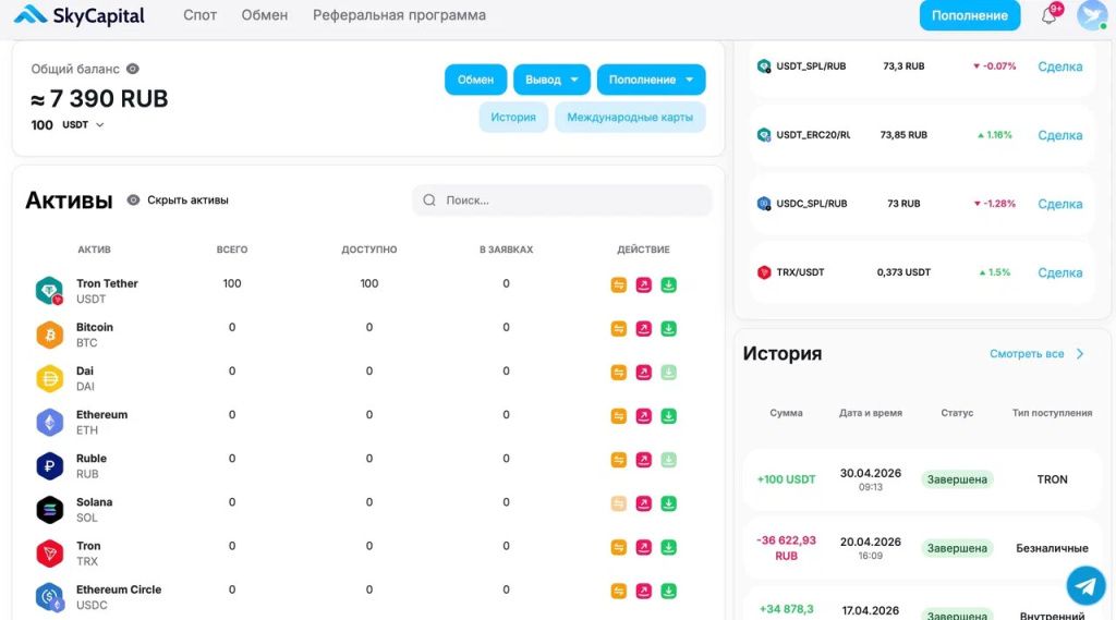 SkyCapital личный кабинет активы баланс история операций и документы