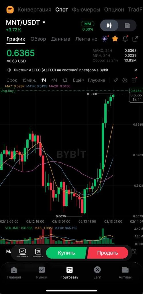 Bybit trading terminal: order book, chart, and orders in the interface