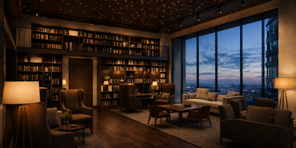 Интерьер квартиры с библиотекой и панорамными окнами в AURUS Residences