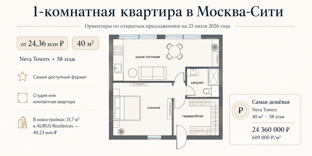 Планировка однокомнатной квартиры площадью 40 м² в Neva Towers в Москва-Сити