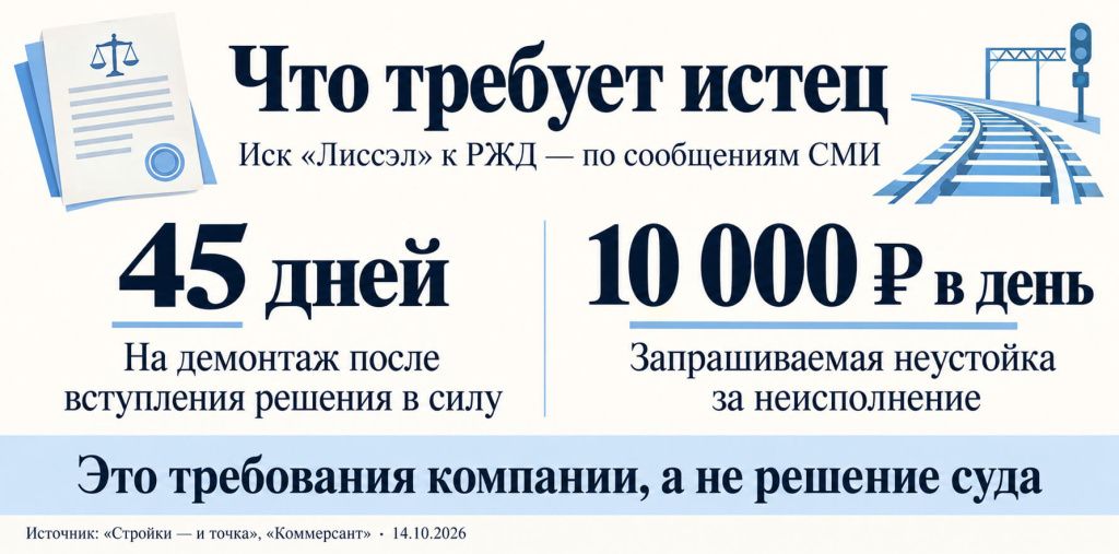 Требования «Лиссэл» к РЖД по сообщениям СМИ: 45 дней на демонтаж и 10 тысяч рублей в день неустойки.