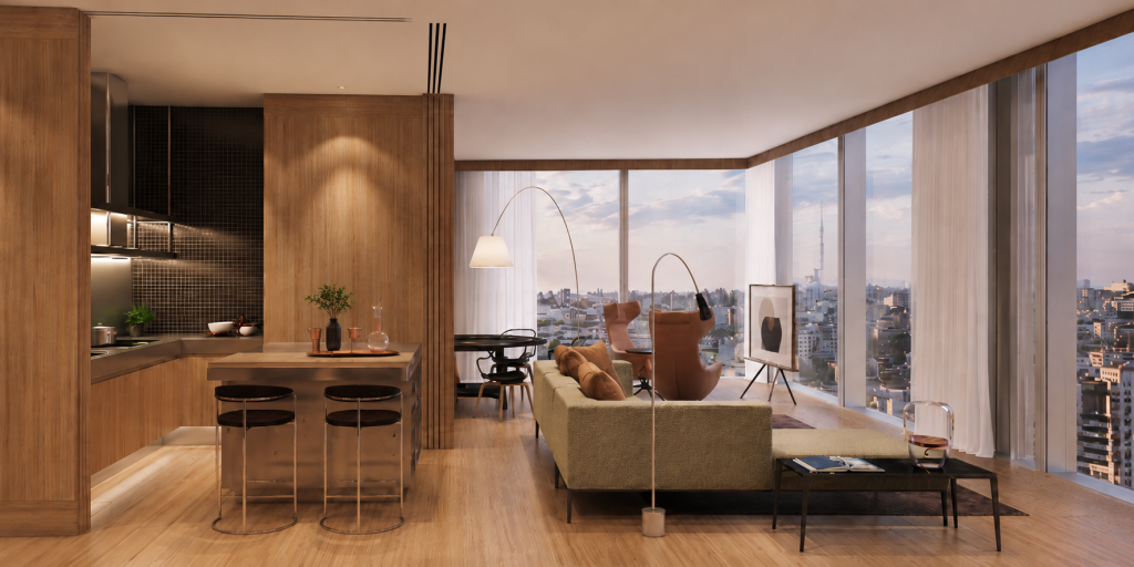 Интерьер квартиры с панорамным остеклением и видом на Москву в Capital Towers