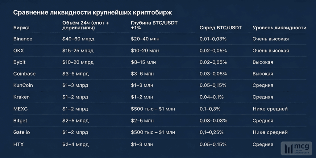 Сравнение ликвидности криптобирж в 2026 году: объёмы торгов, глубина рынка и спреды на популярных площадках