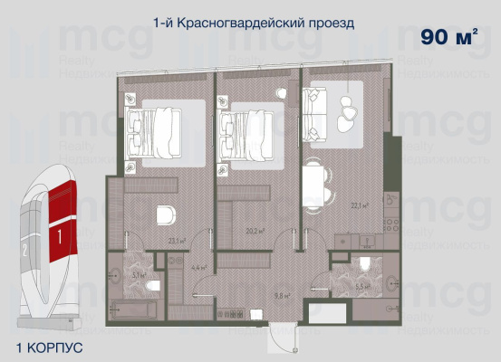 3-комнатная квартира 90 м2 на 36 этаже с 2 спальнями в башне One (Уан), вид 1