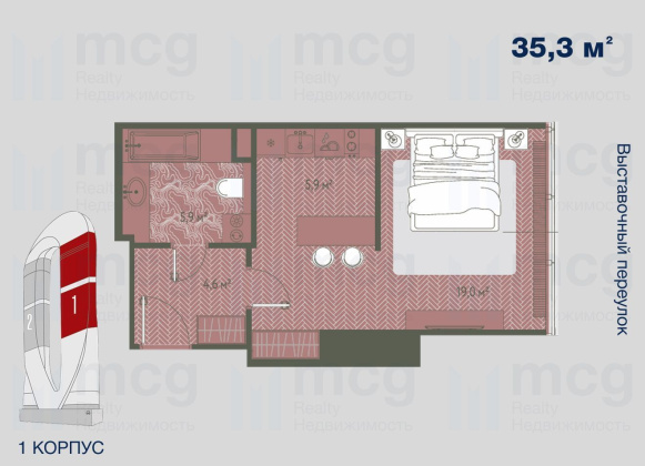 Квартира студия 35,3 м2 на 36 этаже с 1 спальней в башне One (Уан), вид 1