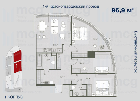 4-комнатная квартира 96,9 м2 на 36 этаже с 2 спальнями в башне One (Уан), вид 1