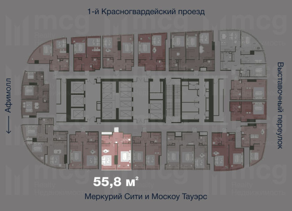 2-х комнатная квартира 55,8 м2 на 36 этаже с 1 спальней в башне One (Уан), вид 2