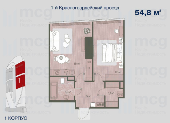 Квартира 54,8 м2 на 36 этаже с 1 спальней в башне One (Уан), вид 1