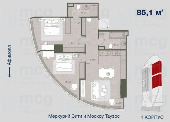 Квартира 85,1 м2 на 36 этаже с 2-я спальнями в башне One (Уан), вид 1