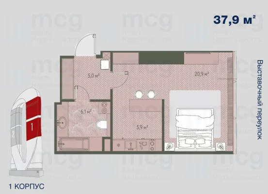 Квартира студия 37,9 м2 на 36 этаже с 1 спальней в башне One (Уан), вид 1