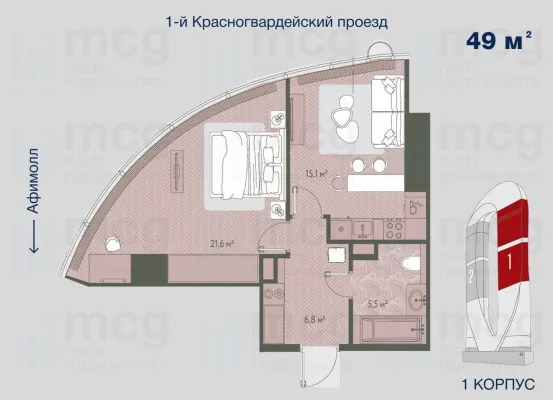Квартира 49 м2 на 36 этаже с 1 спальней в башне One (Уан), вид 1