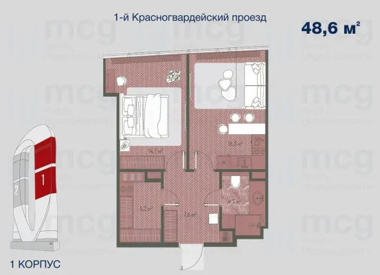 Квартира 48,6 м2 на 36 этаже с 1 спальней в башне One (Уан), вид 1