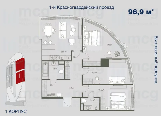 4-комнатная квартира 96,9 м2 на 36 этаже с 2 спальнями в башне One (Уан), вид 1
