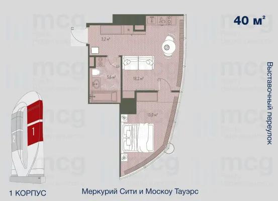 1-комнатная квартира 40 м2 на 36 этаже с 1 спальней в башне One (Уан), вид 1