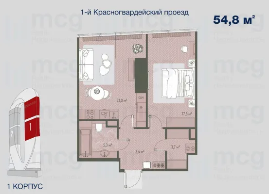 Квартира 54,8 м2 на 36 этаже с 1 спальней в башне One (Уан), вид 1