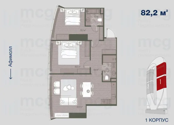 Квартира 82,8 м2 на 36 этаже с 2-я спальнями в башне One (Уан), вид 1